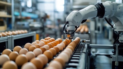 Poster - Robotic automation in a factory, with a robotic arm moving eggs along a production line, emphasizing the efficiency of modern industry.