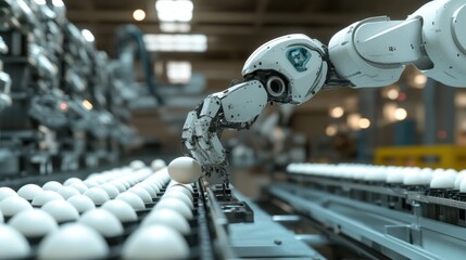 Poster - Robotic automation in a factory, with a robotic arm moving eggs along a production line, emphasizing the efficiency of modern industry.