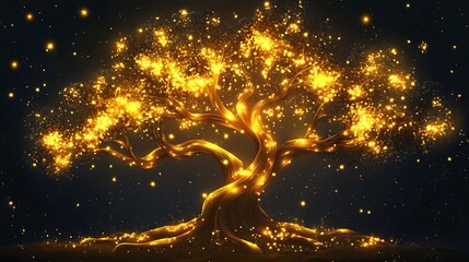 Wall Mural - glowing golden tree with bright lights at night.