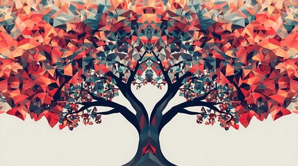 Poster - Abstract low-poly tree with red, orange, and teal leaves.
