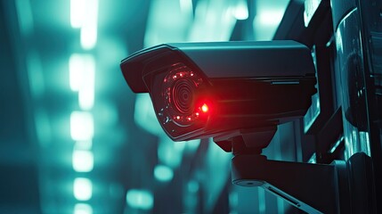 Poster - Modern Surveillance Camera with Red Light Glow in an Urban Environment, Highlighting Security Technology and Best Practices in Monitoring Areas