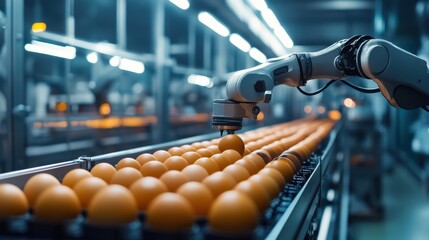 Poster - Robotic automation in a factory, with a robotic arm moving eggs along a production line, emphasizing the efficiency of modern industry.