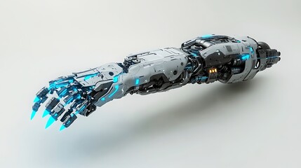 Aufkleber - Futuristic robotic arm with glowing blue accents, isolated on white background.