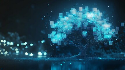 Poster - Glowing digital tree with data blocks.