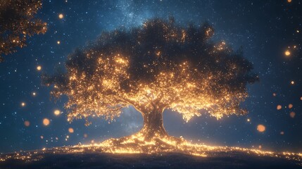 Wall Mural - glowing tree at night under starry sky.