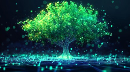 Poster - Glowing green tree on digital network.