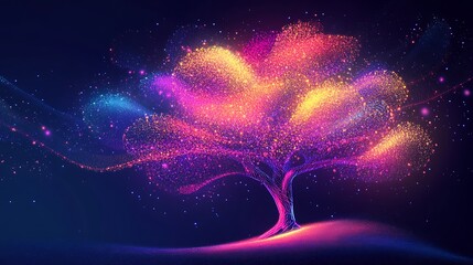 Aufkleber - Vibrant, glowing tree with colorful particles on dark background.