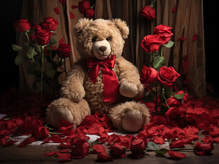 Wall Mural - Teddy Bear with Red Rose Petals on Valentine's Day