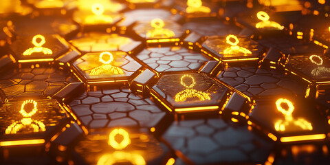Poster - A glowing hexagonal network showcasing digital profiles, symbolizing connectivity, recruitment, and modern technology in HR or data systems.
