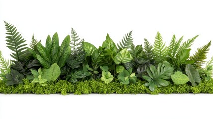 Poster - A lush arrangement of various green plants and ferns creating a vibrant and natural decor piece against a white background.