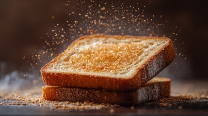 Poster - A stack of perfectly toasted bread slices with crumbs flying off, capturing the essence of a warm and satisfying breakfast.