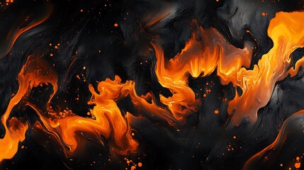  Abstract fiery orange and black swirls, fluid art texture.