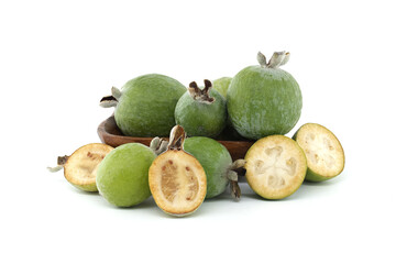 Wall Mural - Fresh Feijoa Fruits in Wooden Bowl on White Background