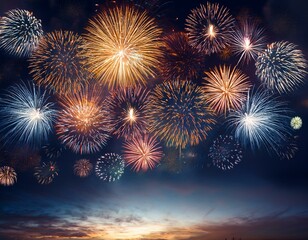 bright exploding fireworks against a dark sky right after sunset over city town lights in a new year