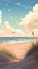 Serene beach scene seagulls flying perched sand surrounded sea oats calming blue white beige color palette