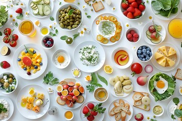 Wall Mural - Healthy breakfast set on white table, top view. Food background