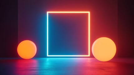 Poster - Abstract Geometric Composition with Neon Shapes and Vivid Colors Creating a Futuristic Atmosphere in a Dimly Lit Room