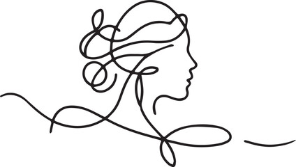 Continuous one simple single abstract line drawing of beautiful woman face icon in silhouette on a white background. Linear stylized.