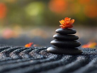 Wall Mural - Stacked stones, orange flower, zen garden.