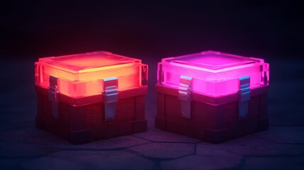 Poster - Two Glowing Treasure Chests in a Dark Environment with Bright Neon Lids, Capturing the Essence of Adventure and Mystery in Fantasy Settings
