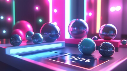 Poster - Neon Lights Reflect On Spheres Displaying Two Thousand Twenty Five