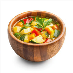 Wall Mural - Mix vegetable soup in a wooden bowl isolated on a white background