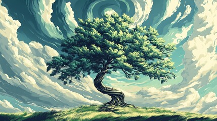 Poster - Twisted tree, cloudy sky.