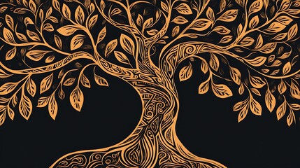 Poster - Gold ornate tree on black background.