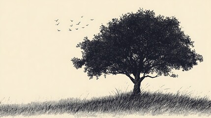 Poster - Single tree with birds, sketch style.