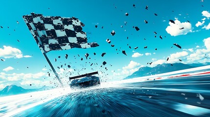 Poster - Race car crossing finish line, debris flying.