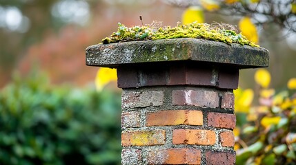 Poster - Mossy brick pillar in autumn garden.