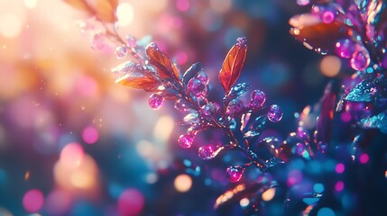 Aufkleber - Close-up of vibrant, dew-covered branch with colorful bokeh background.