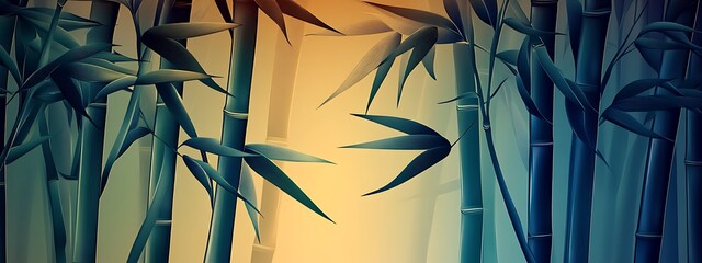Poster - Bamboo forest with green leaves and stems against a white and orange background.