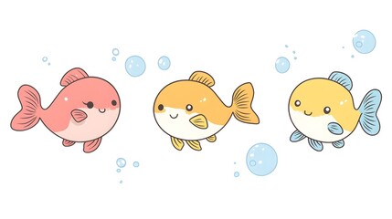 Poster - Three Adorable Cartoon Fish Swim in Bubbles