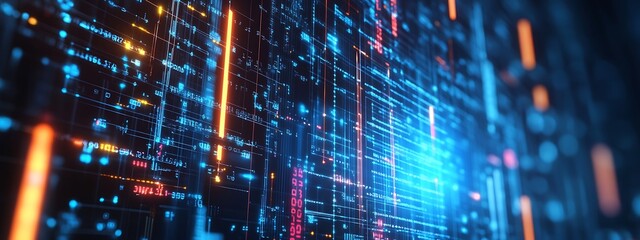 Poster - Abstract digital data flow, glowing lines and code.