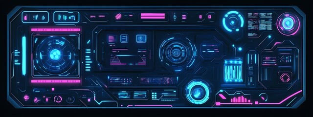 Aufkleber - Futuristic neon blue and pink digital interface dashboard.