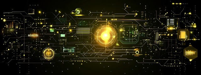 Poster - Abstract digital circuitry glowing in gold and green.