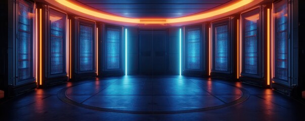 Poster - A futuristic, neon-lit room with vibrant blue and orange lights, creating a sleek, modern atmosphere.