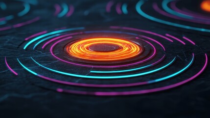 Poster - A vibrant digital design featuring concentric circles in orange, blue, and pink tones, set against a dark background, creating a modern, abstract aesthetic.