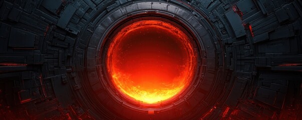 Poster - A dark, futuristic portal with a glowing orange center, surrounded by intricate metallic structures.