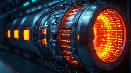 Poster - A futuristic engine with glowing orange elements, showcasing intricate metallic details and a high-tech design.