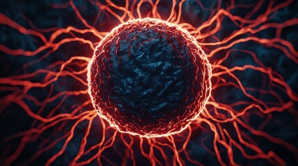 Poster - A glowing sphere with red tendrils emanating from its surface, set against a dark background, suggesting themes of energy and life.