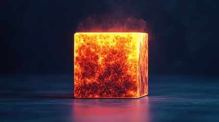 Poster - A glowing, molten cube radiates heat and light, surrounded by a dark, atmospheric background.
