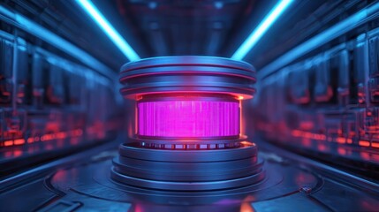 Poster - A futuristic device emits vibrant pink energy in a tech-inspired environment, illuminated by dynamic blue lights.