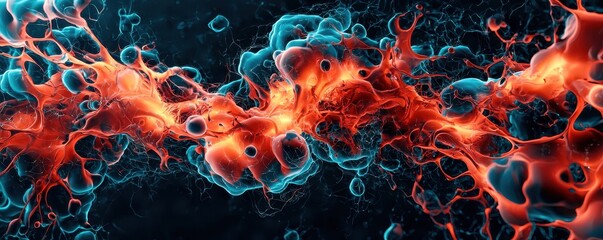 Poster - A vibrant abstract image showcasing colorful cellular structures interconnected by glowing filaments against a dark background.