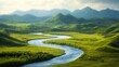 © uu - Serene river winding through lush green hills under a blue sky