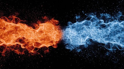 Poster - A vibrant clash of orange fire and blue ice, representing the dynamic contrast between heat and cold in a dramatic visual display.