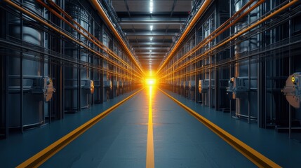 Poster - A futuristic warehouse interior with glowing lines converging towards a bright light, creating a captivating perspective.