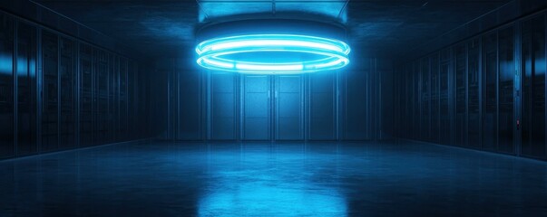 Poster - A futuristic space featuring a glowing blue ring above a smooth floor, enclosed by dark walls, creating a high-tech, sci-fi atmosphere.