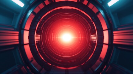 Poster - A vibrant, glowing red circular light is surrounded by sleek, futuristic architectural elements, creating a sci-fi atmosphere.